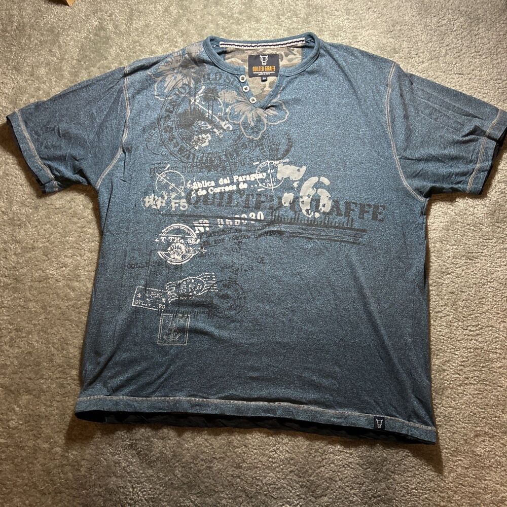 Quilted Giraffe Men’s Henley Style Short Sleeve T-shirt Blue Made in India Sz 2X